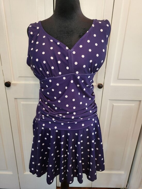 Other - Navy White Polka Dot Retro Inspired Ruched Swim Dress XL Twee Pinup Rockabilly